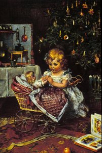 Küçük bir kız bebeği ve bebek arabasını Noel ağacının altında keşfeder. 19. yüzyıl by Unknown artist