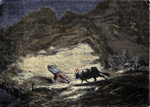Bir gemi enkazı (korsan), bir öküzün kafasına asılı bir ışık kullanarak, daha sonra kıyıya yaklaşan ve kendilerini yağmacıların kapısında bulan gemileri aldatmak için kullanır. 19. yüzyılın gravürü. by Unknown artist
