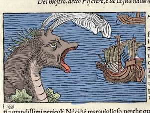 Bir sperm balinası (?) (physeter) bir gemiye saldırır. Olaus Magnus (1490 - 1557), İsveçli dindar ve coğrafyacı tarafından gravür, “Historia de Gentis Septentrionalibus”, Venedik by Unknown artist