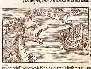 Bir sperm balinası (?) (physeter) bir gemiye saldırır. Olaus Magnus (1490 - 1557), İsveçli dindar ve coğrafyacı tarafından gravür, “Historia de Gentis Septentrionalibus”, Venedik by Unknown artist