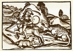 Bir gezgin, Bazilika görünümünde iki canavar kaplanla tanışır. Esope masalları (gravür, 15. yüzyıl sonu) by Unknown artist