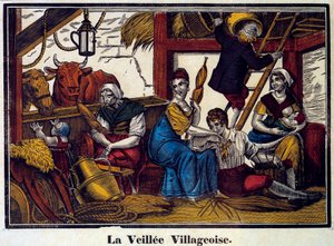 Bir köy gece hayatı: bir ahırda bir köylü ailesi. 19. yüzyılın gravürü. Paris, B.N. by Unknown artist