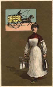 Yürüyen bir süt tüccarı (teslimat veya mandıra). Anonim kromolitografi, 19. yüzyılın sonlarında. by Unknown artist