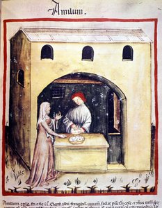 Genç bir kadın bir tüccardan yumurta satın alıyor. İlaç ve diyetetik sağımlarından aydınlatma “” Tacuinum sanitatis”” by Unknown artist
