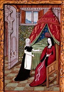 Genç bir kadın muhtemelen Louise Laval (öldü 1480) Minyatür hizmetçisiyle yatak odasında “” Histoire de Jean III de Brush et de sa femme Louise de Laval”” (ms. 1475, fol. 10r) Chantilly, musee Conde by Unknown artist