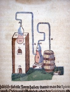 Simya: Pietro Andrea Mattioli (Matthiole) (1500-1577) tarafından yazılan bir kitaptan alınan damıtma aygıtı. Frankfurt by Unknown artist