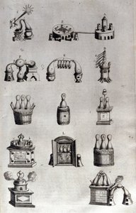 Simya: damıtma aparatının ve damıtıcıların farklı modellerini temsil eden tahta. Athanase Kircher (veya Athanasius Kircheri 1602-1680), Alman Jesuite. 17. yüzyıl gravürü. by Unknown artist