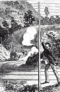 Demiryolu telgrafına acil durum sinyali gönderen bir tren işçisini tasvir eden bir gravür by Unknown artist