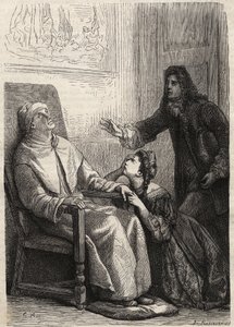 Angelique, öldüğüne inandığı babasının önünde diz çöker - Jean Baptiste Poquelin dit Moliere (1622-1673) (Hayali Geçersiz) için gravür by Unknown artist