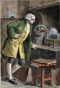 Antoine Laurent Lavoisier (1743-1894) Havadaki oksijenin varlığını araştıran Fransız kimyager: cıva oksit elde ettiği deney - Lavoisier dans son laboratuvar. 19. yüzyılın gravürü. by Unknown artist