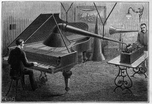 Bir piyano parçasını fonografla kaydetmek için aparat, Thomas Alva Edison (1847-1931) tarafından bir buluş. “” Doğada Gravür. Bilim dergisi ve sanat ve endüstriye uygulamaları. by Unknown artist