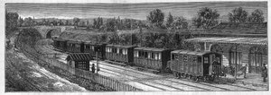 Faure pillerinin uygulanması: Bir istasyonda bir demiryolu sesi üzerinde elektrikli tren. “” Le Monde Illustré” de gravür by Unknown artist