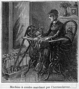 Faure pillerinin uygulanması: akümülatörden geçen elektrikli dikiş makinesi. “” Le Monde Illustré” de gravür by Unknown artist