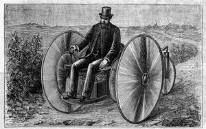 Faure pillerinin uygulanması: akümülatörde hareket eden elektrikli üç tekerlekli bisiklet. “” Le Monde Illustré” de gravür by Unknown artist