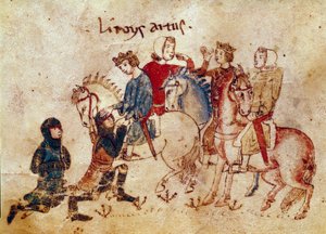 Arthur Efsanesi: “” Kral Arthur yumuşatıcı şövalyeler (Meliadus (veya Meliodas), Esclabor ve Arfasar (veya Arphasar)”” Minyatür “” Meliadus, Tristan