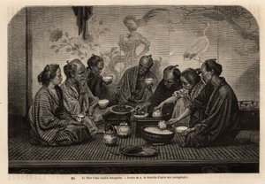 Burjuva bir ailenin akşam yemeğinde erkekler tataminin üzerinde, küçük sehpaların etrafında toplanır, ayrı bir kapta pilav yer ve ortak bir tabakta et ve sebze servis edilir, çay içerken iki kadın servis yapar. J