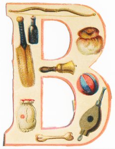 B: yay, beyzbol sopası, şişe, çörek, çan, balon, kemik, çanta, körük (renkli taş) by Unknown artist