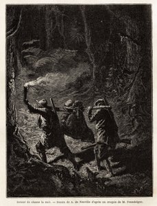 Geceleri avdan dönen av, bir ayı, avcıların omzunda taşıdığı bir daldan bağlanır ve asılır. 1851-1852