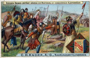 Barbar İstilaları - Birliklerin gözden geçirilmesi sırasında Düşes Hadwig, arka planda yaklaşan keşişleri alır. by Unknown artist