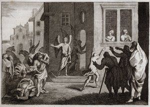 Royaumont İncili, Eski Ahit: Sodomitlerin Suçları. Loth melekleri evine kabul eder. Sodomitler (Sodom) onlara şiddet uygulamak ister. Melekler onlara körü körüne vurur. 1811