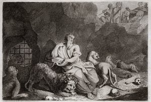 Royaumont İncili, Eski Ahit: Aslanlar çukurunda Daniel. Daniel Aslan çukuruna atılır ve mucizevi bir şekilde sarhoş olur. 1811