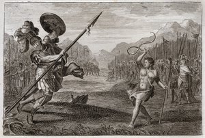 Royaumont İncili, Eski Ahit: Dev Goliath. Goliath, Philistine, muazzam büyüklükte, David tarafından yenildi, silah sadece bir sapan ve bir sopayla. 1811