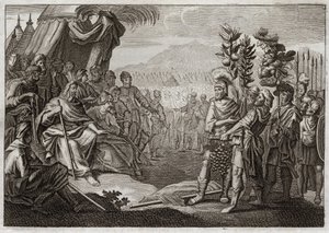 Royaumont İncili, Eski Ahit: On iki casus. Musa, Kenan ülkesini (Vaat Edilmiş Toprak) tanımaları için on iki casus gönderdi. İnsanlara fısıldatıyorlar ve Allah onları bu mırıltı ile cezalandırmak için bu dünyaya asla girmeyeceklerinin teminatını veriyor. i by Unknown artist