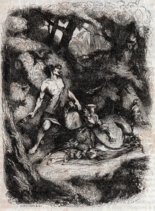 Bradamante terrassee bir dev tarafından - Ariosta olarak bilinen Ludovico Ariosto tarafından “Öfkeli Roland”dan (Orlando furioso) (16. yüzyıl) 1851 gravürü - Tressan Kontu tarafından İtalyancadan çevrilmiş ve Gustave Harvard tarafından yayınlanmış 1851 by Unknown artist