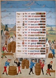 Takvim: Ağustos - Şarap fıçılarının imalatı - “The Hours of Savoy of Savoy, Burgundy Düşesi”nden Usta Jean de Rolin (15. yüzyıl) minyatürü 1460-1465 Chantilly, Musee Conde by Unknown artist