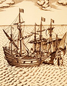 Mart 1579'da Francis Drake liderliğindeki Golden Hind tarafından İspanyol kalyonu Cagafuego'nun ele geçirilmesi (gravür) by Unknown artist