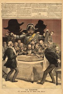 Bankacının pastayı kestiği krallar şölenini anlatan karikatür illüstrasyonu “la galette”, herkes pay sahibi olmayı hızlandırdı ve ateş yerine jandarmayı buldu. “” Le petit Journal”da gravür” 01.07.1893. Selva