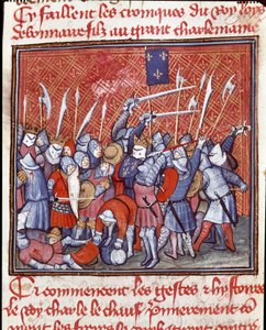 Karolenj hanedanı: “” Karolenj kralı II. Charles bir savaş sırasında kel diyor (823-877)”” Minyatür “” Les grandes Chronicles de France””” 14. yüzyıl Chantilly, Musee Conde by Unknown artist
