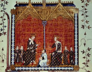 Charles V the Wise ve Jeanne de Bourbon, çocukları ile çevrili. Guillaume Durand tarafından açıklanan ve Jean Golein tarafından tercüme edilen “Rational des divins office””” Folio 1 adlı el yazmasından minyatür by Unknown artist