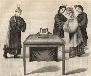 Çin geleneği: bir evlilik sözleşmesi imzalamak. İki güvercinli bir masaya iki eşin adının yazılı olduğu bir tablet konur. 14 Şubat 1857 tarihli "" The Illustrated London News "de gravür. by Unknown artist