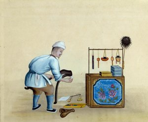 Çinli tüccar gümüş külçeleri kesmek için makas bileme. 17. yüzyılın çizimi. Paris. BN by Unknown artist