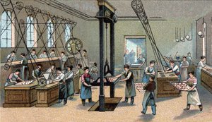 Çikolata üretimi: kalıplama. 19. yüzyılın sonunun kromolitografisi by Unknown artist