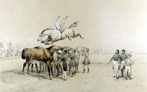 Sirk, kanatlı bir atın gözleri bağlı üç atın üzerinden atladığını gösteriyor. by Unknown artist