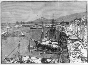 Toulon (Var), Fransa limanında ticari gemi ve cephanelik. “Resimli Dünya”da Gravür by Unknown artist