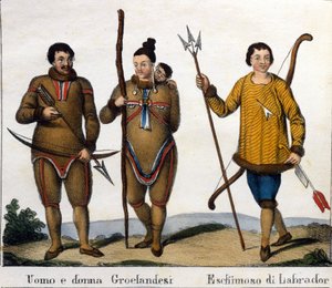 Kostüm. Solda: Çocuklarıyla birlikte birkaç Grönland Eskimosu. Sağda: Labrador Eskimo. 19. yüzyılın başında litografi by Unknown artist