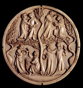 Nazik aşk sahneleri. Fildişi ayna kutusu vanaları. 14. yüzyılın başı. karartmak 11 cm. Paris, Louvre Müzesi by Unknown artist