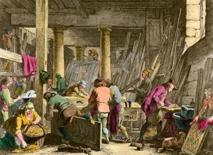 El Sanatları: “” Sieur Jadot marangozunun atölyesi”” 18. yüzyılda çalışan işçiler. 19. yüzyılın gravürü. Özel koleksiyon by Unknown artist