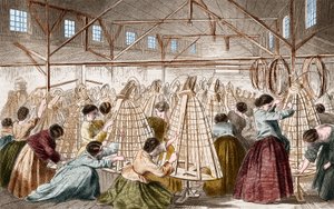 Kabarık etek fabrikaları: çember döşeme. 1865 gravürü. by Unknown artist