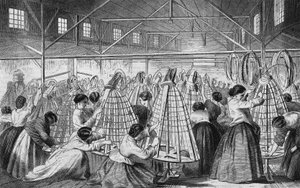Kabarık etek fabrikaları: çemberlerin döşenmesi. by Unknown artist