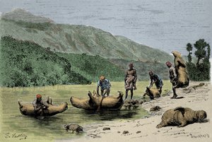 Gümrük ve taşıma yöntemleri: nehirleri geçmek için kullanılan şişirilmiş hayvanların derileri. 19. yüzyıl gravürü by Unknown artist