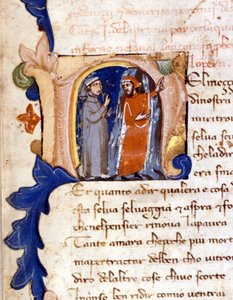 Cehennemin girişinde Dante ve Virgil. (lettrine "" N "") 14. yüzyıl Milano