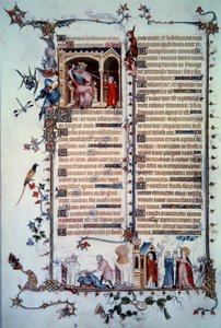 David, Saul tarafından tehdit ediliyor. Açgözlülük alegorisi. Komünyon Sacramenti. Hayırseverlik alegorisi. “Breviaire de Belleville” Mezmurundan alınan minyatür by Unknown artist
