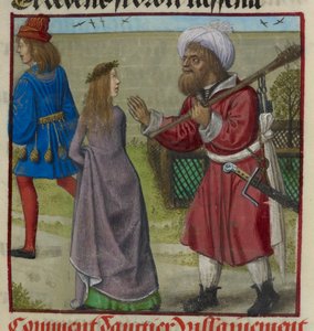 'Le Roman de la Rose'dan Sevgiliyi ve Bel Accueil'i (Adil Karşılama) bahçeden kovan Tehlike minyatürünün detayı by Unknown artist