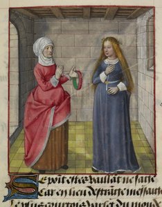 'Le Roman de la Rose'dan bir la Vieille (Duenna) ve Bel Accueil (Adil Karşılama) minyatürünün detayı by Unknown artist