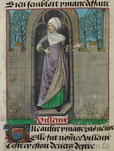 "Le Roman de la Rose"dan, yaprağın ikinci sütunundaki alegorik Vilenie (Villainy) figürünün minyatürünün detayı by Unknown artist