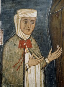 14. yüzyıl kıyafetleri içinde dindar Saramalyna Anastasia, Bizans kilisesindeki fresk Our Lady of Asinou (12. yüzyıl) (Unesco Dünya Mirası Listesi, 2001), Trodos dağları, Kıbrıs by Unknown artist